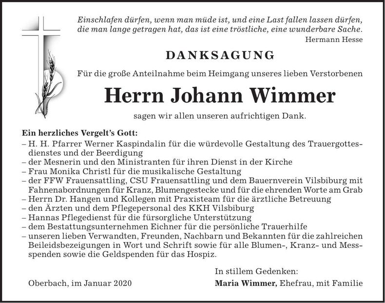 Traueranzeige Johann Wimmer