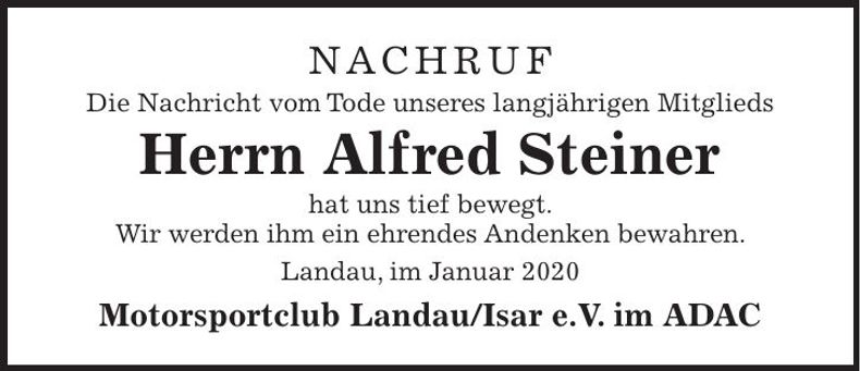 Traueranzeige Alfred Steiner