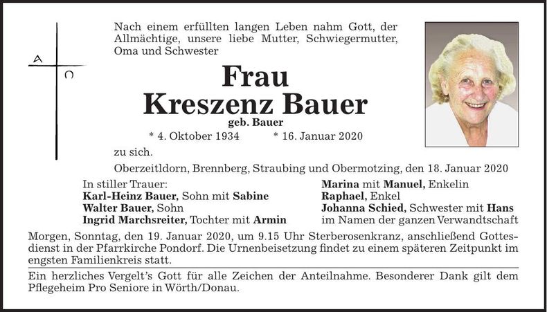 Traueranzeige Kreszenz Bauer
