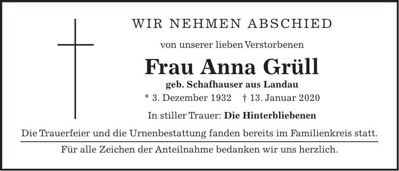 Traueranzeige Anna Grüll