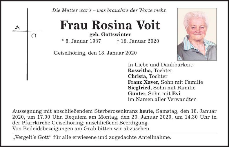 Traueranzeige Rosina Voit