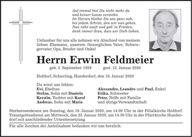 Traueranzeige Erwin Feldmeier