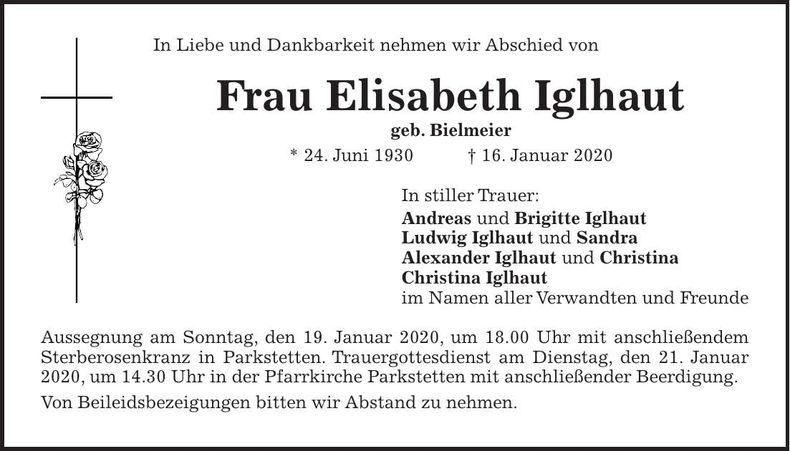 Traueranzeige Elisabeth Iglhaut