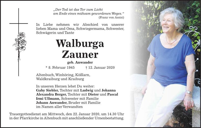 Traueranzeige Walburga Zauner