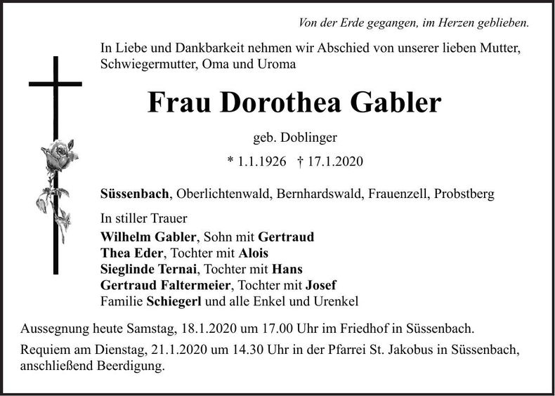 Traueranzeige Dorothea Gabler