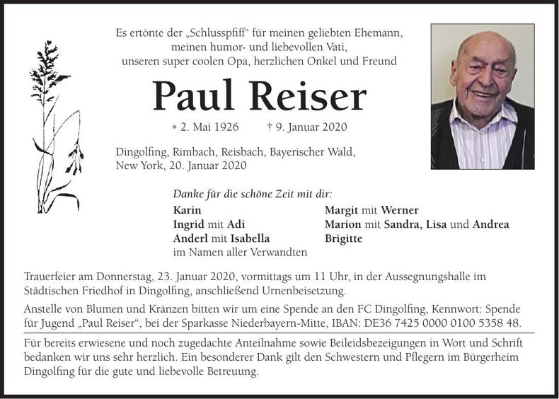 Traueranzeige Paul Reiser