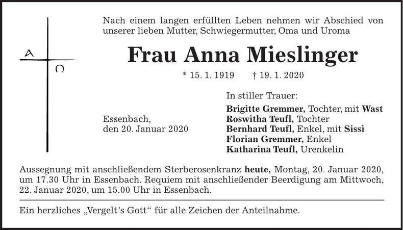 Traueranzeige Anna Mieslinger