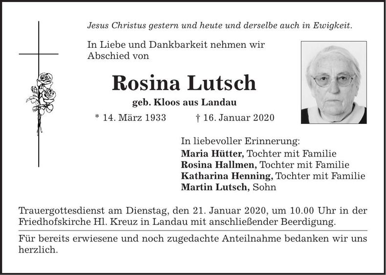 Traueranzeige Rosina Lutsch