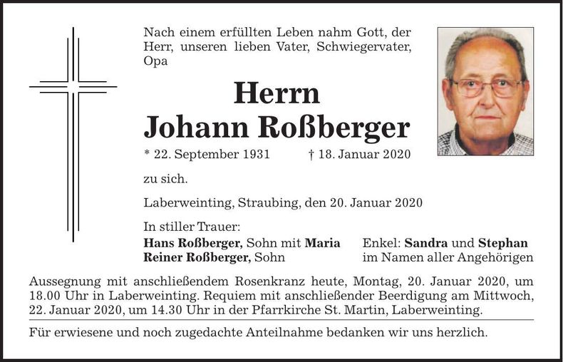 Traueranzeige Johann Roßberger