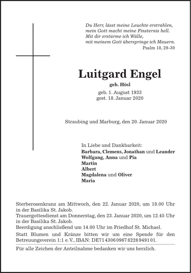 Traueranzeige Luitgard Engel