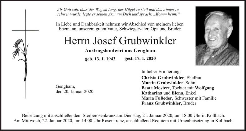 Traueranzeige Josef Grubwinkler