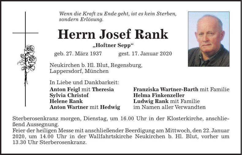 Traueranzeige Josef Rank