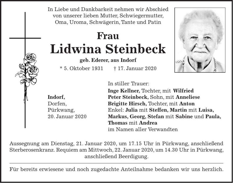 Traueranzeige Lidwina Steinbeck