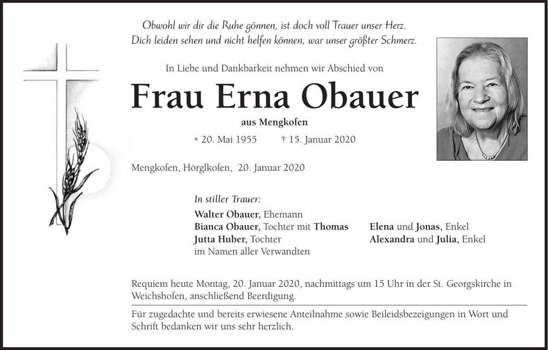 Traueranzeige Erna Obauer