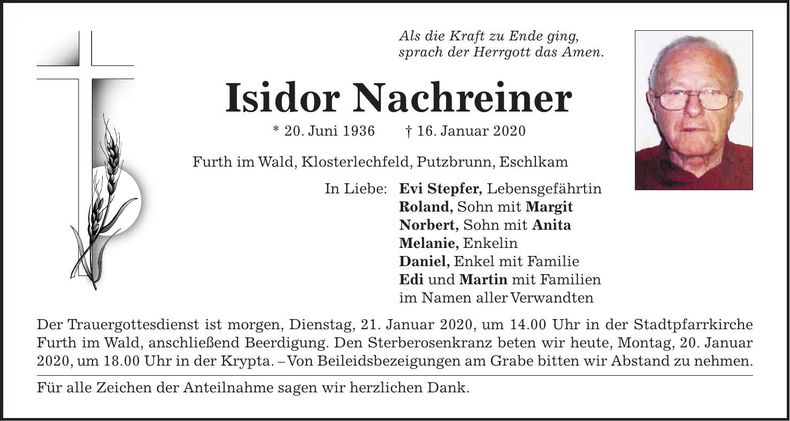 Traueranzeige Isidor Nachreiner