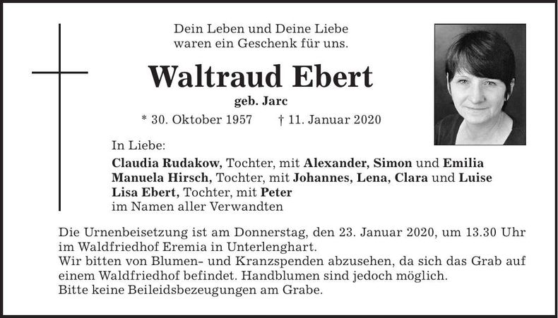 Traueranzeige Waltraud Ebert