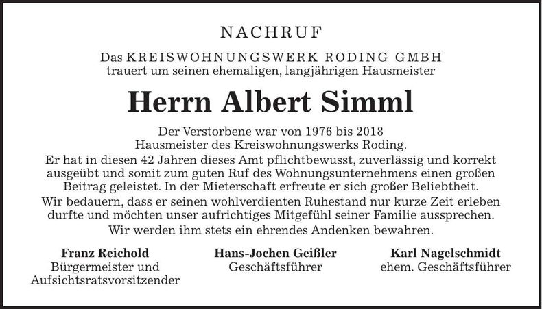 Traueranzeige Albert Simml