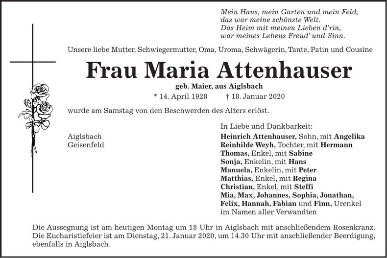 Traueranzeige Maria Attenhauser