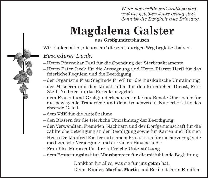Traueranzeige Magdalena Galster