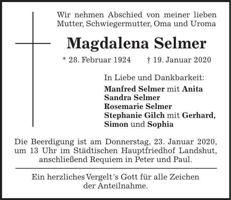 Traueranzeige Magdalena Selmer