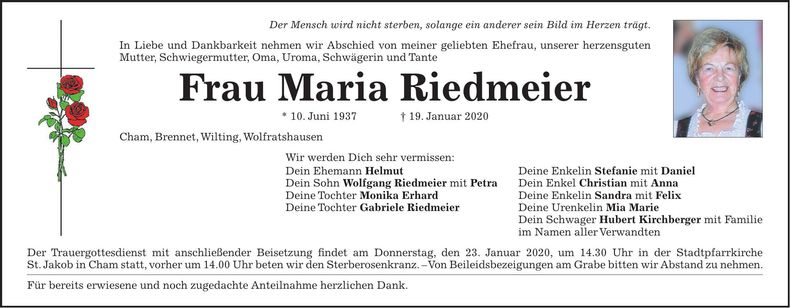 Traueranzeige Maria Riedmeier