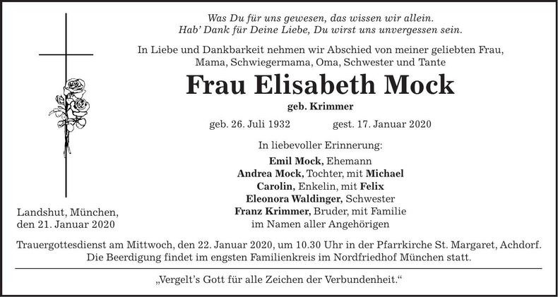 Traueranzeige Elisabeth Mock
