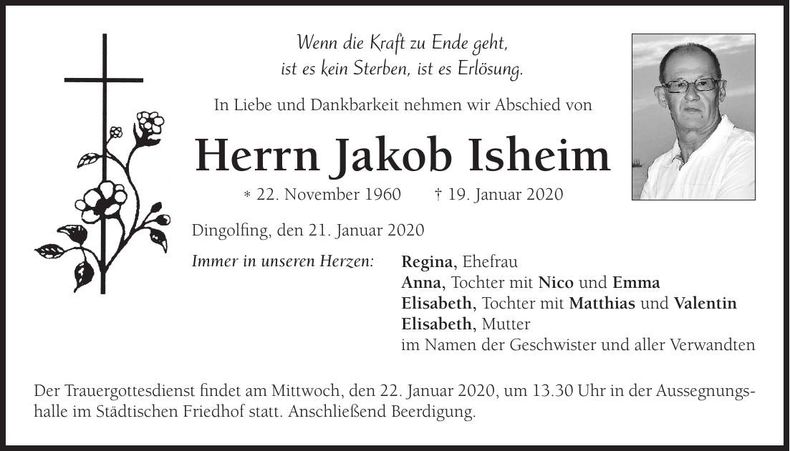 Traueranzeige Jakob Isheim