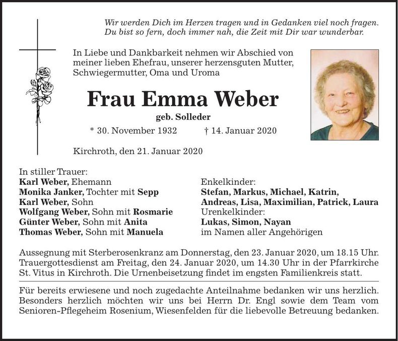 Traueranzeige Emma Weber