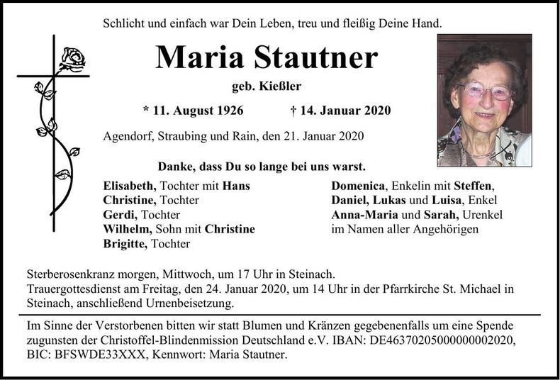 Traueranzeige Maria Stautner