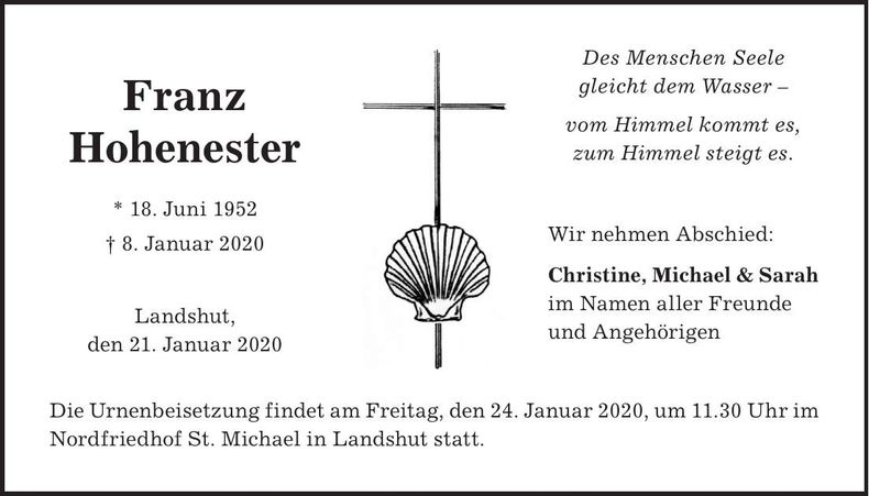 Traueranzeige Franz Xaver Hohenester