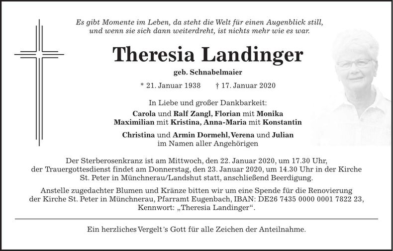 Traueranzeige Theresia Landinger