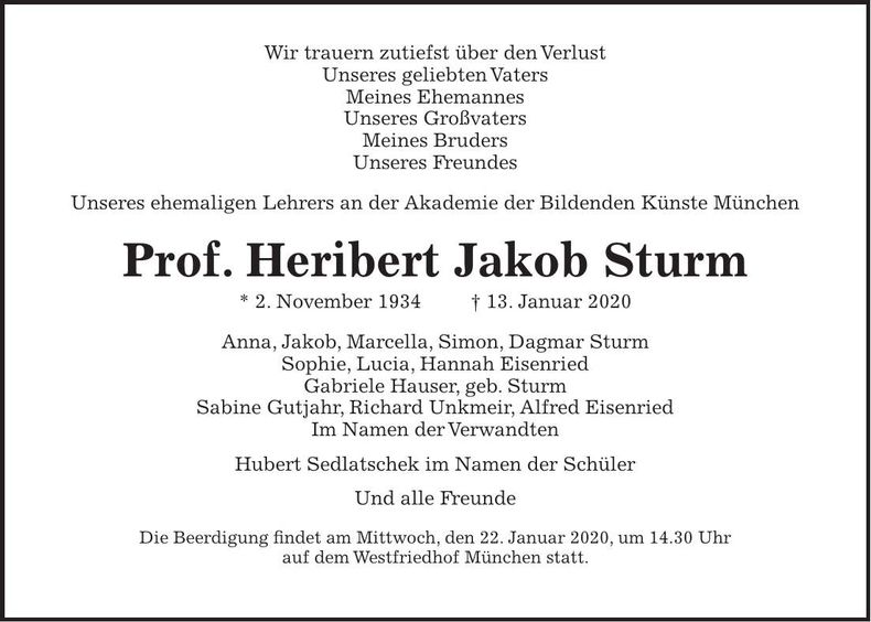 Traueranzeige Heribert Jakob Sturm