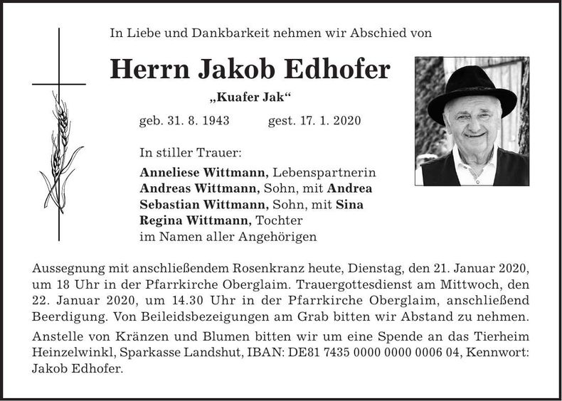 Traueranzeige Jakob Edhofer