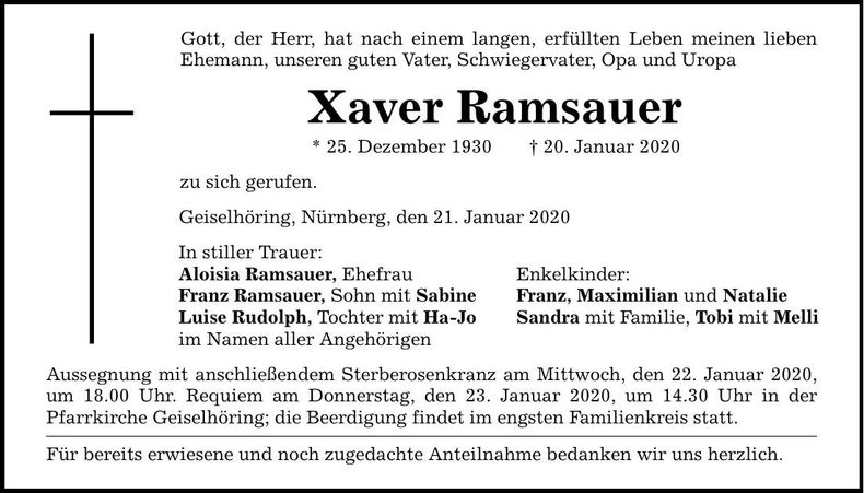 Traueranzeige Xaver Ramsauer