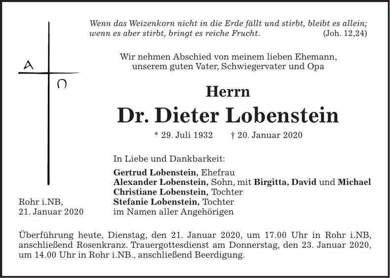 Traueranzeige Dieter Dr. Lobenstein