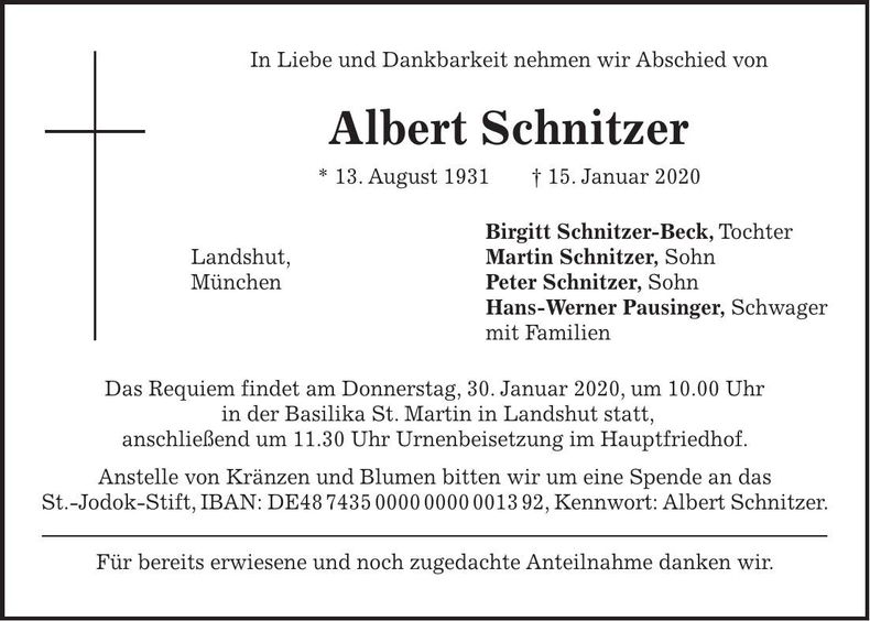 Traueranzeige Albert Schnitzer