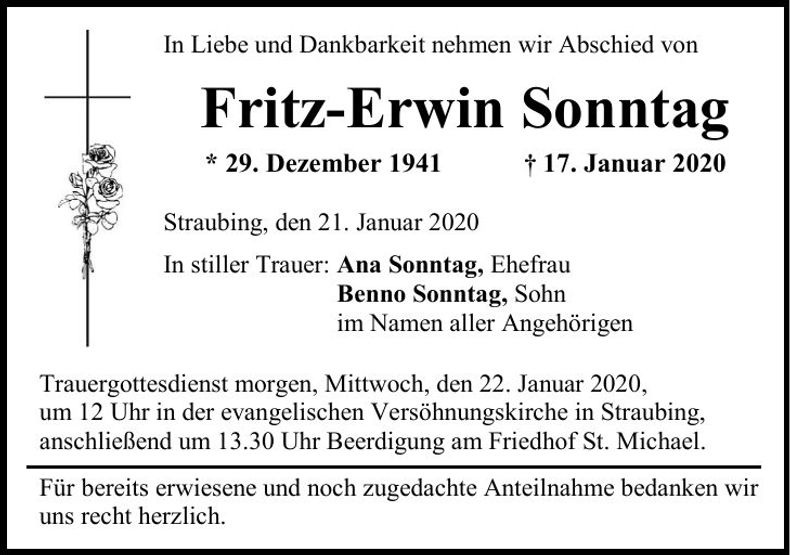 Traueranzeige Fritz-Erwin Sonntag