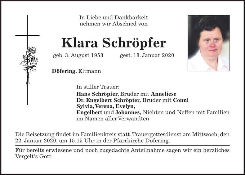 Traueranzeige Klara Schröpfer