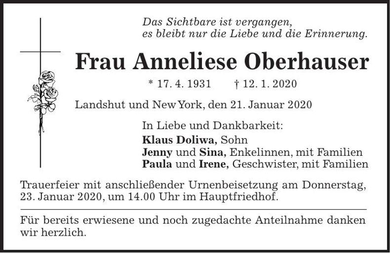 Traueranzeige Anneliese Oberhauser