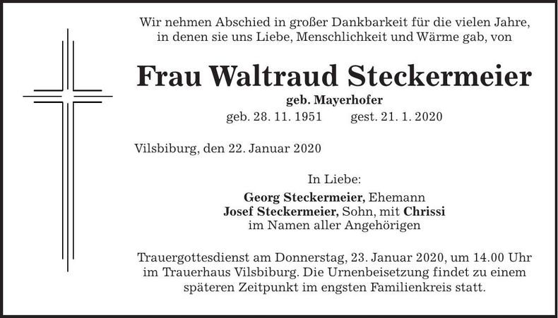 Traueranzeige Waltraud Steckermeier