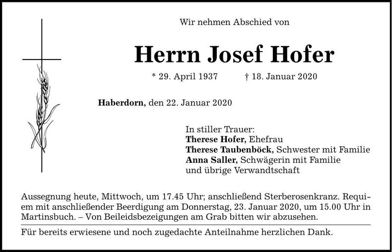 Traueranzeige Takko Hofer