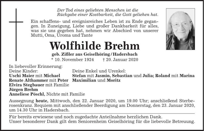 Traueranzeige Wolfhilde Brehm