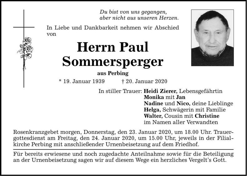 Traueranzeige Paul Sommersperger