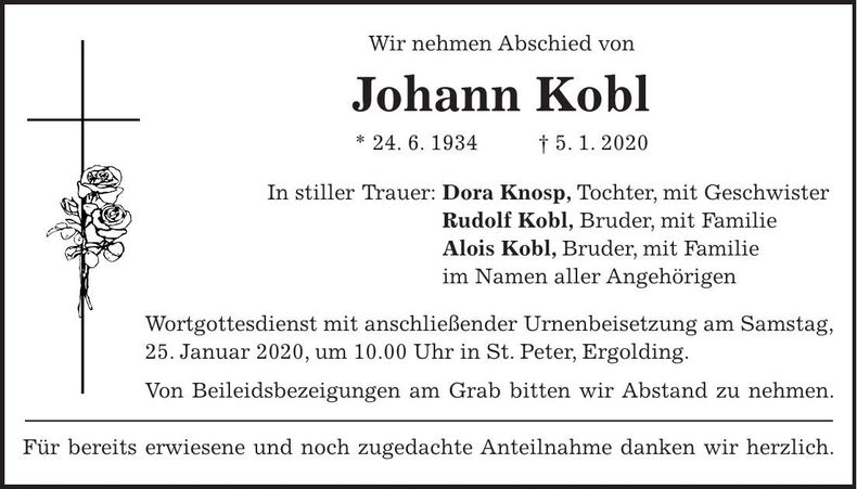 Traueranzeige Johann Kobl