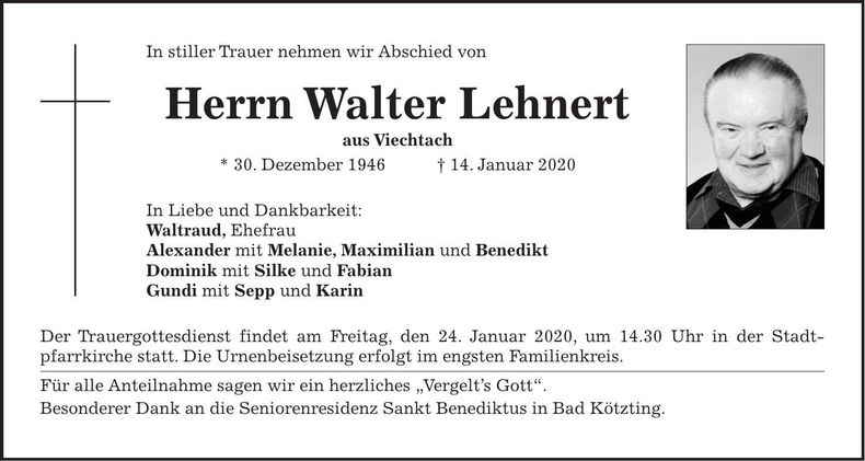 Traueranzeige Walter Lehnert