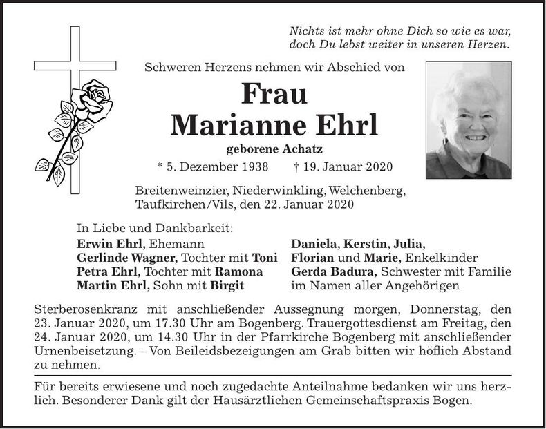 Traueranzeige Marianne Ehrl