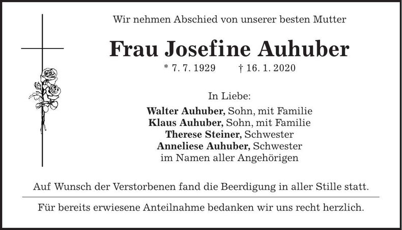 Traueranzeige Josefine Auhuber