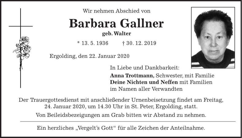Traueranzeige Barbara Gallner