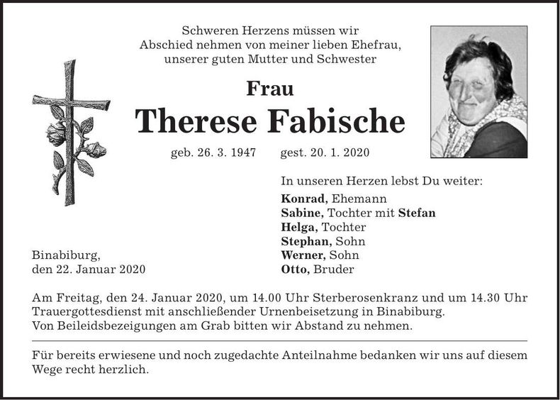 Traueranzeige Therese Fabische