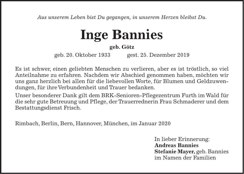 Traueranzeige Inge Bannies